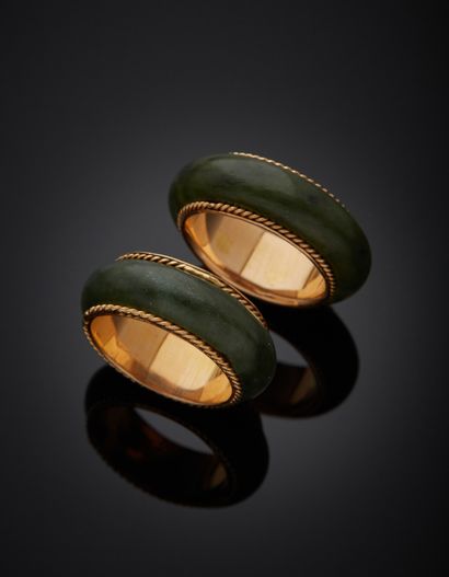 Two green stone wedding bands, 18K yellow...