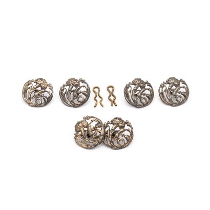 null Set of six gray metal buttons with five gold metal fasteners. Art Nouveau. Early...