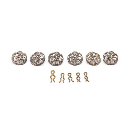 null Set of six gray metal buttons with five gold metal fasteners. Art Nouveau. Early...