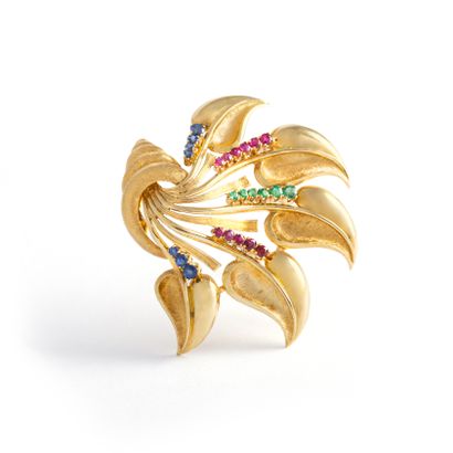 null 18K yellow gold 750‰ brooch set with round-cut blue, red and green stones. Italian...