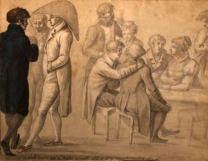 null ITALIAN school, 1808
Assembly at the tavern
Black stone, brown wash, watercolor...