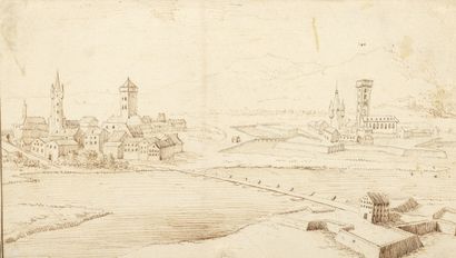 null Attribué à François NOBLESSE (1652-1730)
Paysage au village fortifié et au pont
Plume...