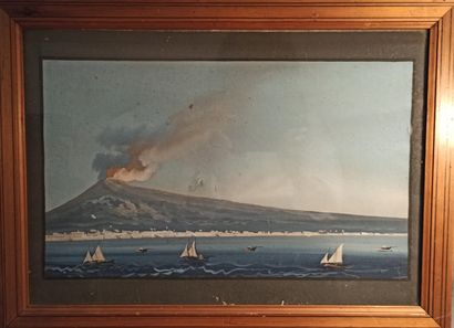 null Ecole Napolitaine
Eruption volcanique (Etna?) 
Gouache sur papier.
25 x 41 ...