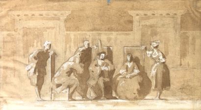 null Ecole VENITIENNE du XIXème siècle
Scène de théâtre
Lavis brun et rehauts de...