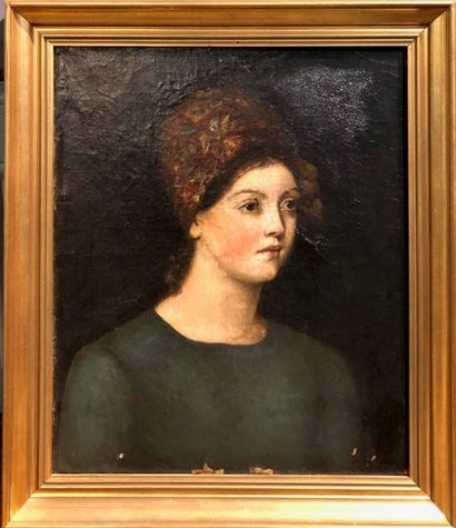 null Ecole du XIXème siècle
Portrait de femme au chapeau 
Huile sur toile
Manques,...