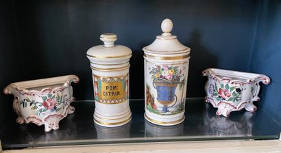 null Lot including two polychrome porcelain medicine jars, a pair of small planters...