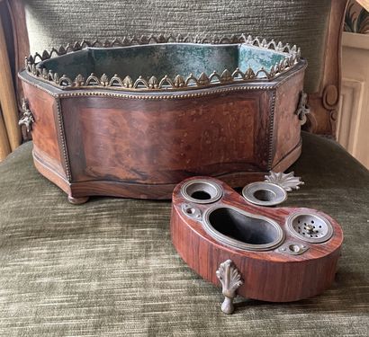 null Lot including a veneer planter and a rosewood inkwell. 
19th century
15 x 36...