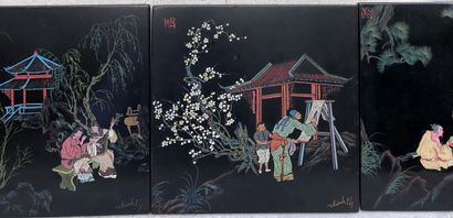 null THANH LEY, Vietnam, Hanoi school, 20th century
Suite of four lacquer panels...