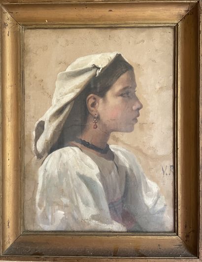 null Ecole du XIXème siècle 
Portrait de jeune fille 
Gouache sur papier. 
Monogrammée...