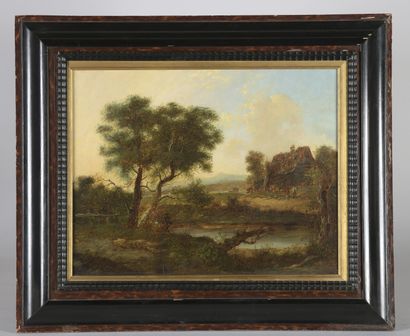null *C. MORIS (active in England, 2nd half of the 19th c.)
Thatched cottage landscape
Panel,...