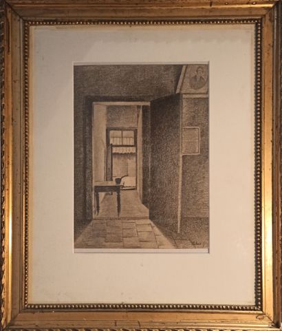null Danish school
Interior of a house 
Pencil on paper.
Signed lower right Rebens.
28...