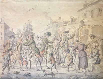 null Attribué à Jan GAREMYN (1712 – 1799)
Scène de rue
Plume et encre grise, lavis...