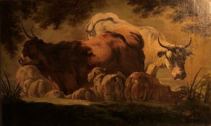 null FRENCH SCHOOL circa 1760, entourage of FRAGONARD
Cows and sheep in a landscape
Canvas
35...