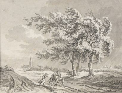 null Jacob CATS (Altona 1741 - Amsterdam 1799)
Farmer leading her horse in the wind
Pen...