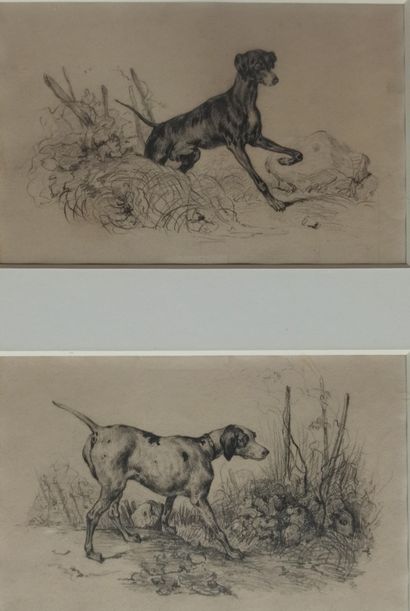 null School of the XIXth century 
Dogs at the stop 
Two pencil drawings in the same...
