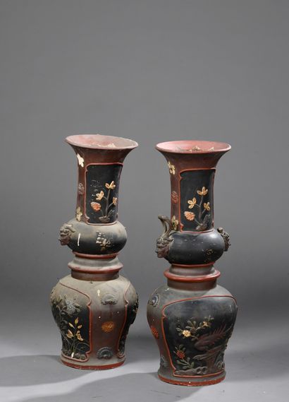 null Pair of ceramic double-gourd vases with polychrome decoration of bouquets of...