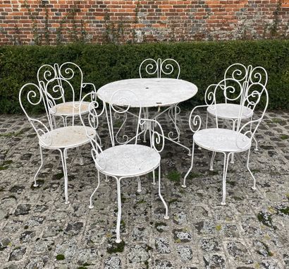 null White lacquered garden furniture including a round table and a suite of six...