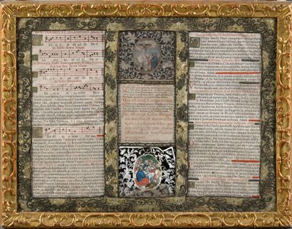 null Frame with gilded Berain rod containing a composition of liturgical texts, two...