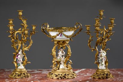 null Important ormolu Rocaille set including a planter decorated with a porcelain...