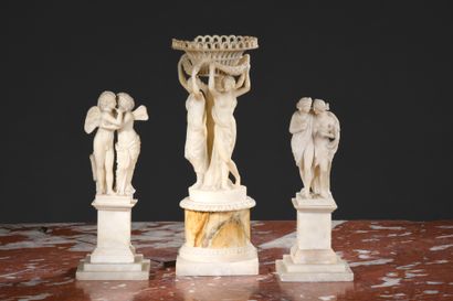 null Alabaster table decoration with an embracing couple, Love and Zephir and an...