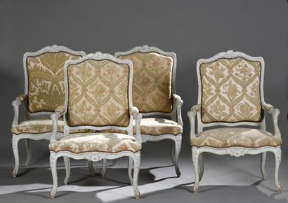null Suite of four armchairs with flat back in grey relacquered beech wood carved...