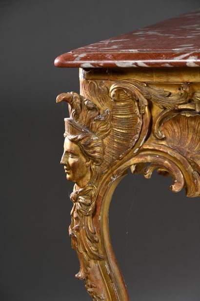 null Rectangular console in carved and gilded wood with rocaille decoration of flowers,...