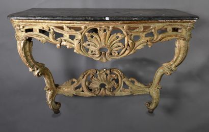 null Rectangular wall console in richly carved, gilded and relacquered wood. Openwork...