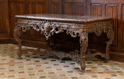 null Middle game table in oak carved with foliage, pearls and female masks. Four...