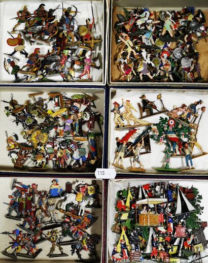 null HEINRICHSEN pewter plates and miscellaneous: Six boxes of painted figures featuring...