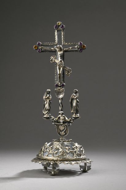 null CRUCIFIX silver 2nd title 800‰, standing on three crystal ball feet, topped...