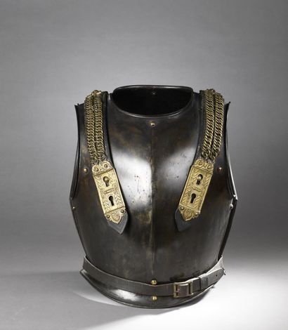 null OFFICER'S LEATHER, polished steel breastplate and backplate; leather straps...