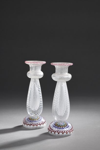 null SAINT-LOUIS
PAIR OF CANDLES with spiral white filigree decoration, signed and...