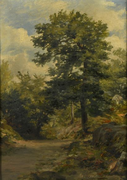 null School of BARBIZON 
Path in the forest of Fontainebleau, 1888
Oil on canvas.
Situated...