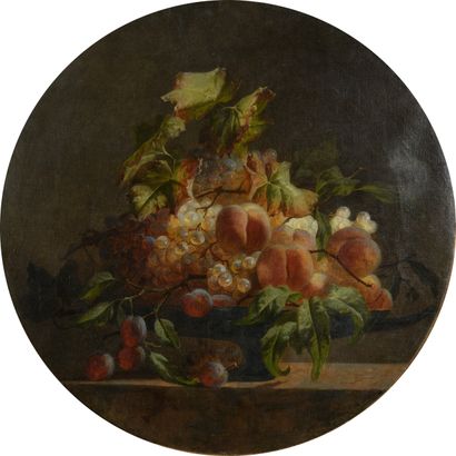 null School of the 19th century 
Fruit bowl with peaches and grapes on an entablature...