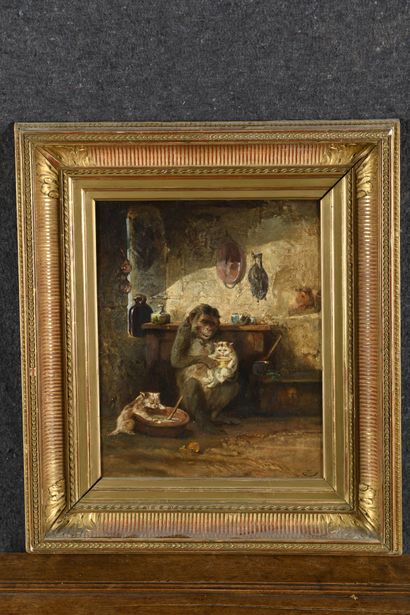 null French school of the late 19th century 
Monkey and cat
Oil on canvas, trace...