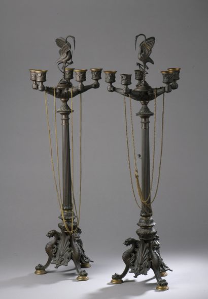 null Auguste DELAFONTAINE (1813-1892)
Pair of Etruscan-style tripod candelabras in...