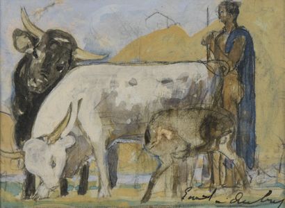 null Émile AUBRY (1880-1964)
Herd of buffalos at the watering hole
Watercolor and...