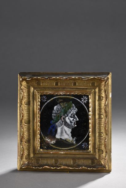 null TWO enameled and gilded copper PLAQUES: one decorated with a young woman in...