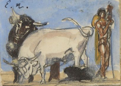 null Émile AUBRY (1880-1964)
The judgment 
Buffalo at the trough
Two watercolors...