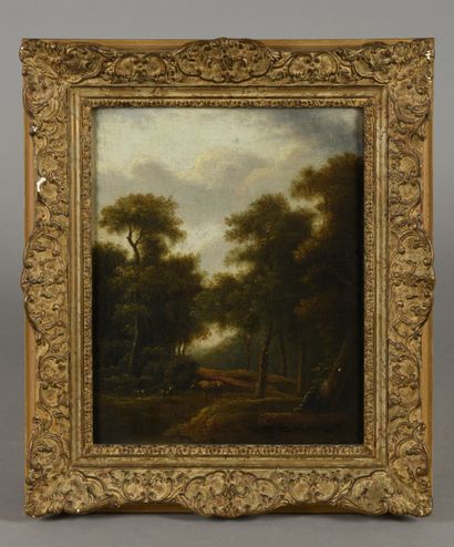 null HOLLAND school of the end of the 18th century 
Peasants and animals in the forest
Canvas.
31,5...