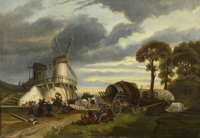 null École HOLLANDAISE du XIXe siècle 
Paysage animé au moulin
Paysage animé en bord...