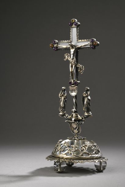 null CRUCIFIX silver 2nd title 800‰, standing on three crystal ball feet, topped...