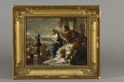 null 19th century FRENCH SCHOOL 
Scene of an ancient sacrifice (sketch)
Oil on canvas.
32...