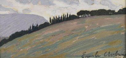 null Émile AUBRY (1880-1964)
Hill with cypresses 
Gouache on paper.
Stamp of the...