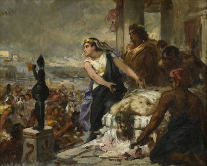 null 19th century FRENCH SCHOOL 
Scene of an ancient sacrifice (sketch)
Oil on canvas.
32...