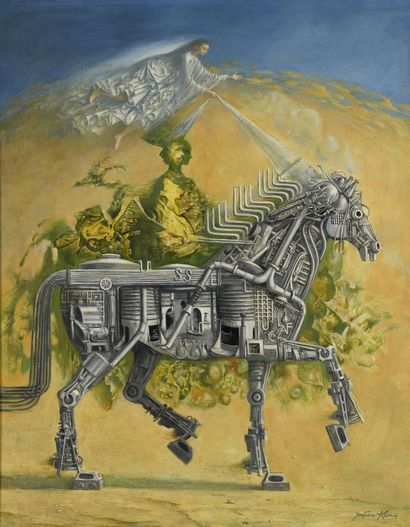 null Jean-Pierre ALAUX (1925-2020)
Scène surréaliste au cheval mécanique conduit...