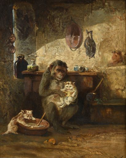 null French school of the late 19th century 
Monkey and cat
Oil on canvas, trace...