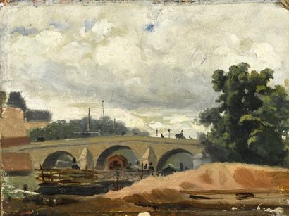null École FRANÇAISE du XIXe siècle 
Le Pont-Royal à Paris
Huile sur papier marouflé...