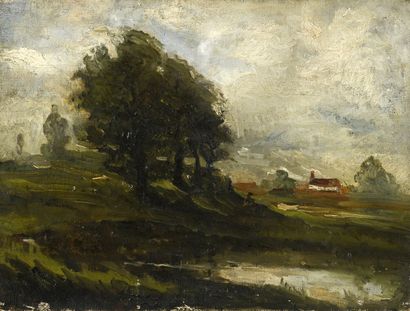 null French school of the end of the 19th century 
Farm landscape on a grey day
Oil...
