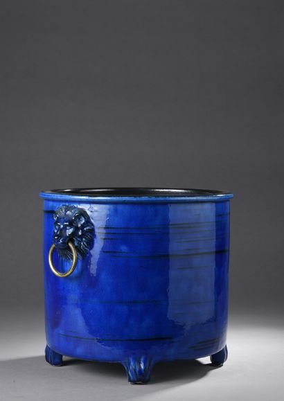 null CHAMBOST Pol (1906-1983)
Ceramic cylindrical pot-holder, enamelled blue night,...